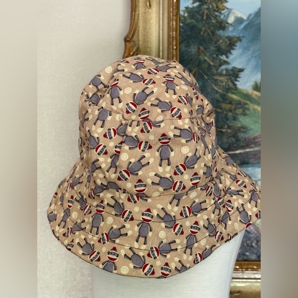 Vintage Handmade Cotton Beige Bucket Hat with Sock Monkey Print - Picture 1 of 10